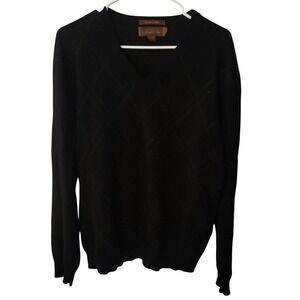 Tasso Elba Black 100% Cashmere V-Neck Argyle Diamond Knit Sweater Large Luxury